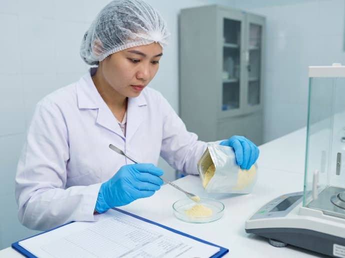 qa technician inspecting freeze dried banana powder sample in laboratory setting in vietnam