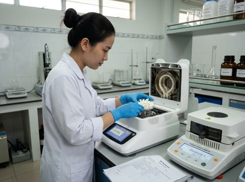 qa technician measuring water activity on freeze dried coconut sample for fda fsma compliance verification