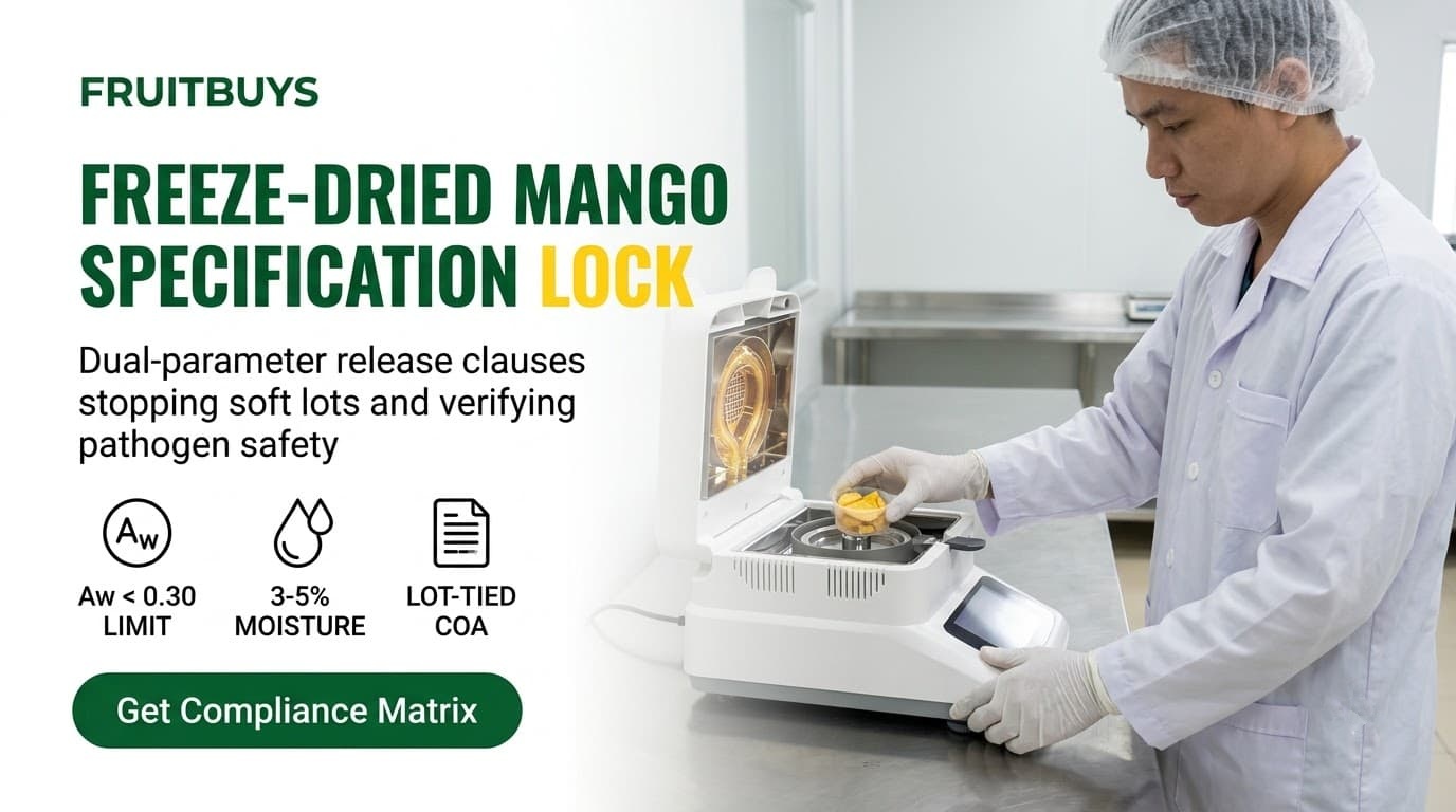 qa technician testing water activity on freeze dried mango sample for contract release verification