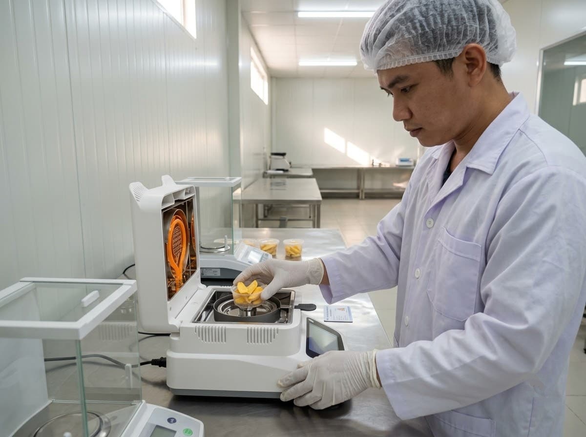 qa technician testing water activity on freeze dried mango sample for lot release verification