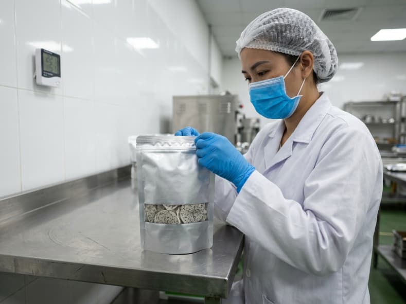 qc inspector checking aluminum pouch heat seal integrity in a vietnamese freeze dried fruit packing facility