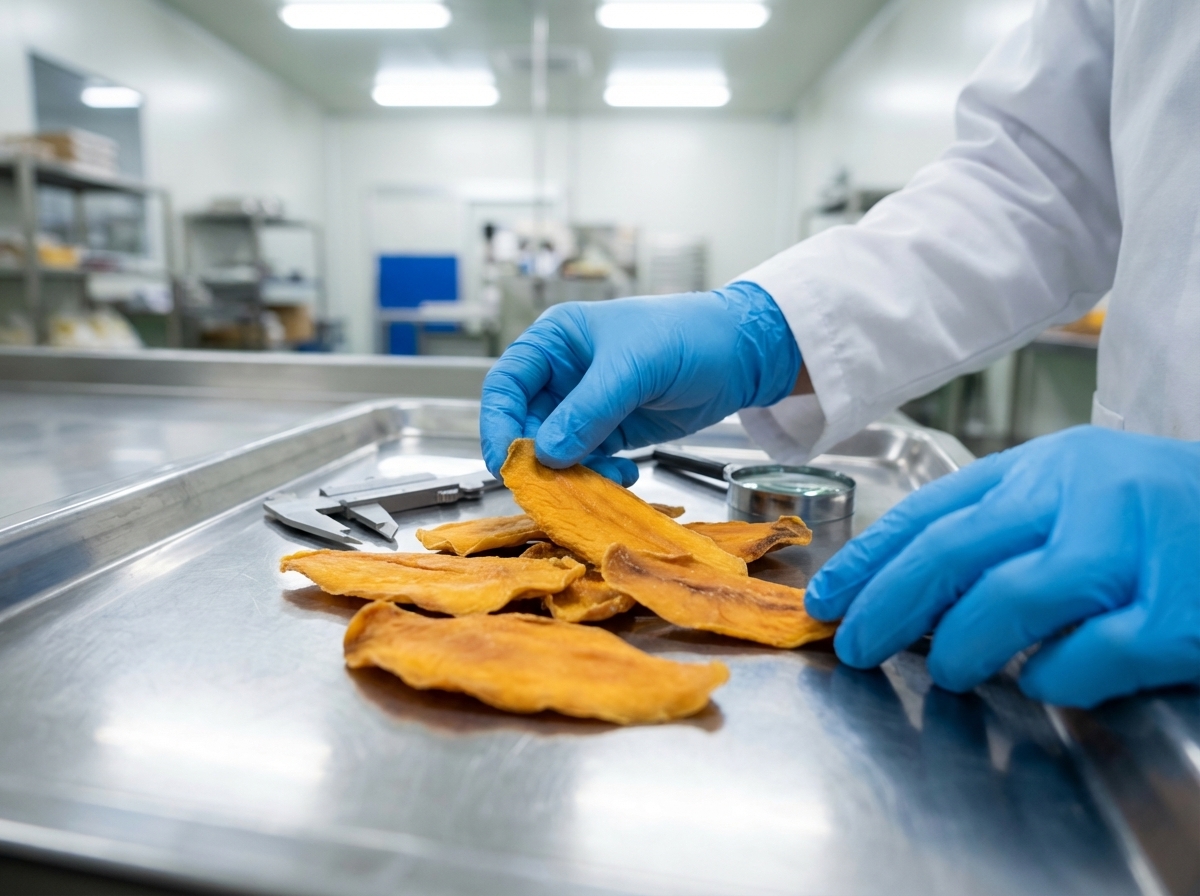 quality control inspection of premium no sugar dried mango at fruitbuys vietnam factory.