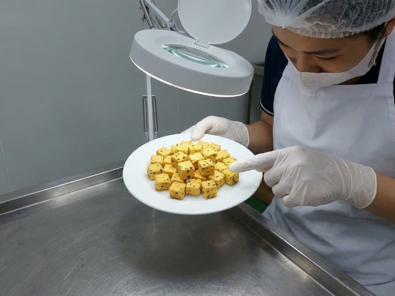 quality inspector examining seed on freeze dried passion fruit cubes on a sample tray
