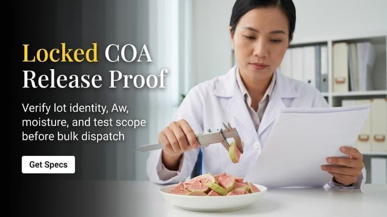 quality manager reviewing freeze dried pink guava coa file and inspecting sample in vietnam office
