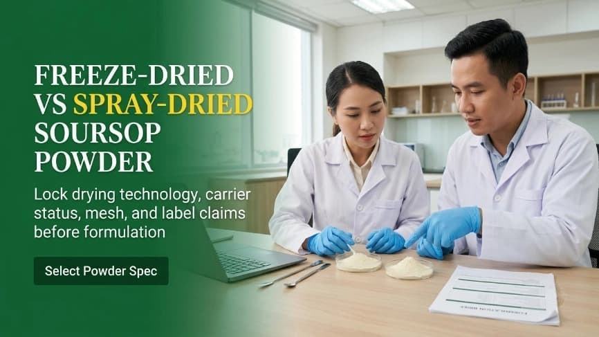 r&d manager and beverage developer evaluating freeze dried vs spray dried soursop powder samples in lab