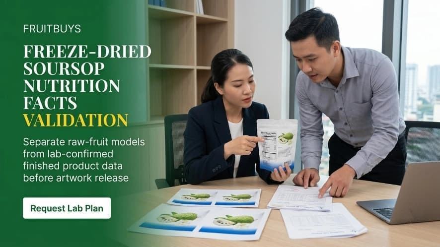 regulatory reviewer and qa manager validating freeze dried soursop nutrition facts panel proof in office