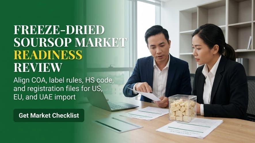 regulatory reviewer and qa manager verifying freeze dried soursop export documentation and compliance checklist in office