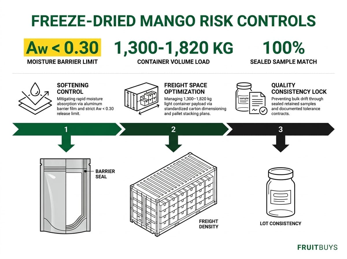risk control diagram addressing moisture absorption, container freight volume, and sample consistency