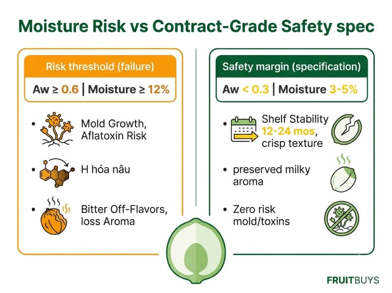 Freeze-Dried Lotus Seeds: What Import Buyers Must Verify Before Ordering risk vs specification infographic comparing water activity and moisture limits for freeze dried lotus seeds.