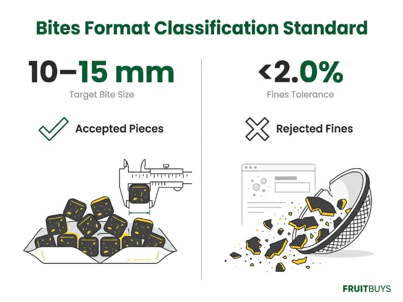 side by side classification diagram defining acceptable bite sizes versus broken waste for dragon fruit