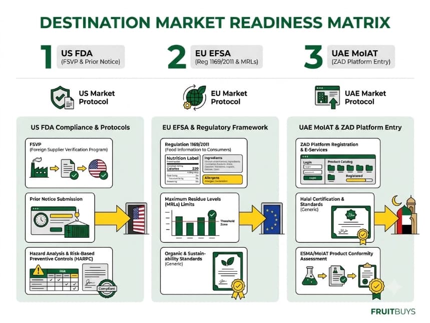 side by side comparison matrix infographic displaying destination specific compliance files for us, eu, and uae export destinations