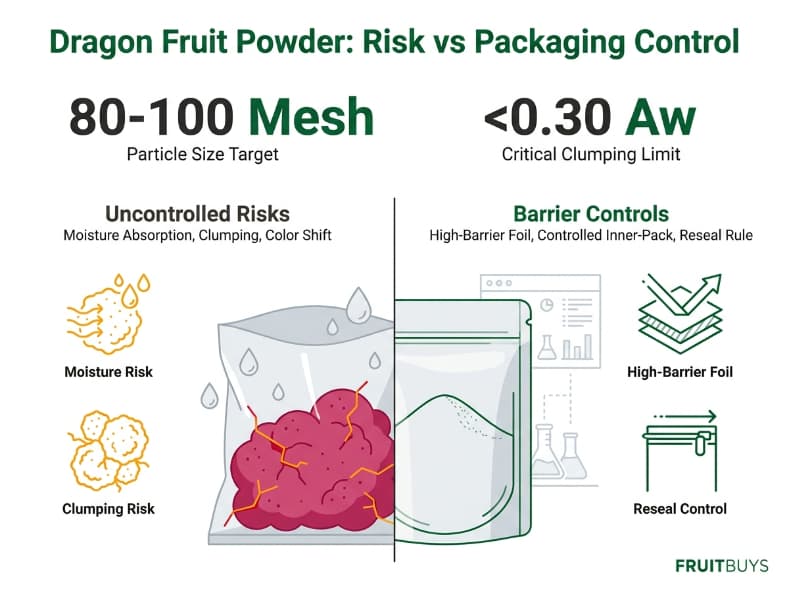 side by side infographic comparing dragon fruit powder moisture risks against high barrier packaging controls