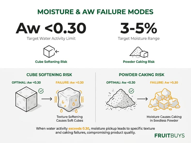 side by side infographic comparing moisture failure modes between passion fruit cubes and seedless powder