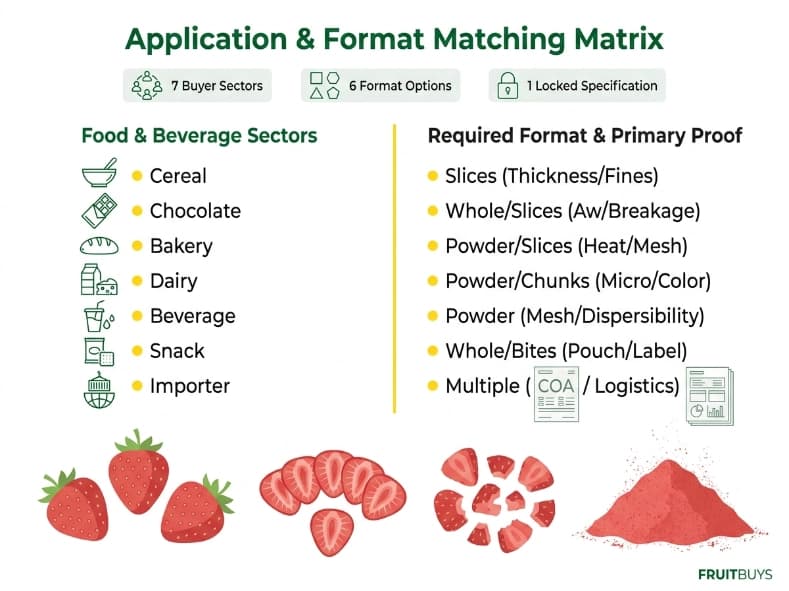 side by side matrix mapping buyer application sectors to freeze dried strawberry formats and proof requirements