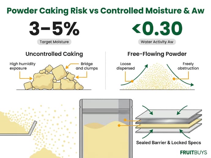 side by side split infographic comparing caked banana powder risk against free flowing powder with moisture and aw controls
