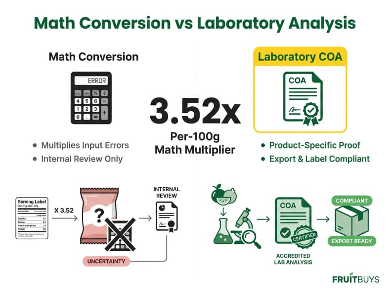 side by side split infographic comparing mathematical nutrition conversion with accredited laboratory testing
