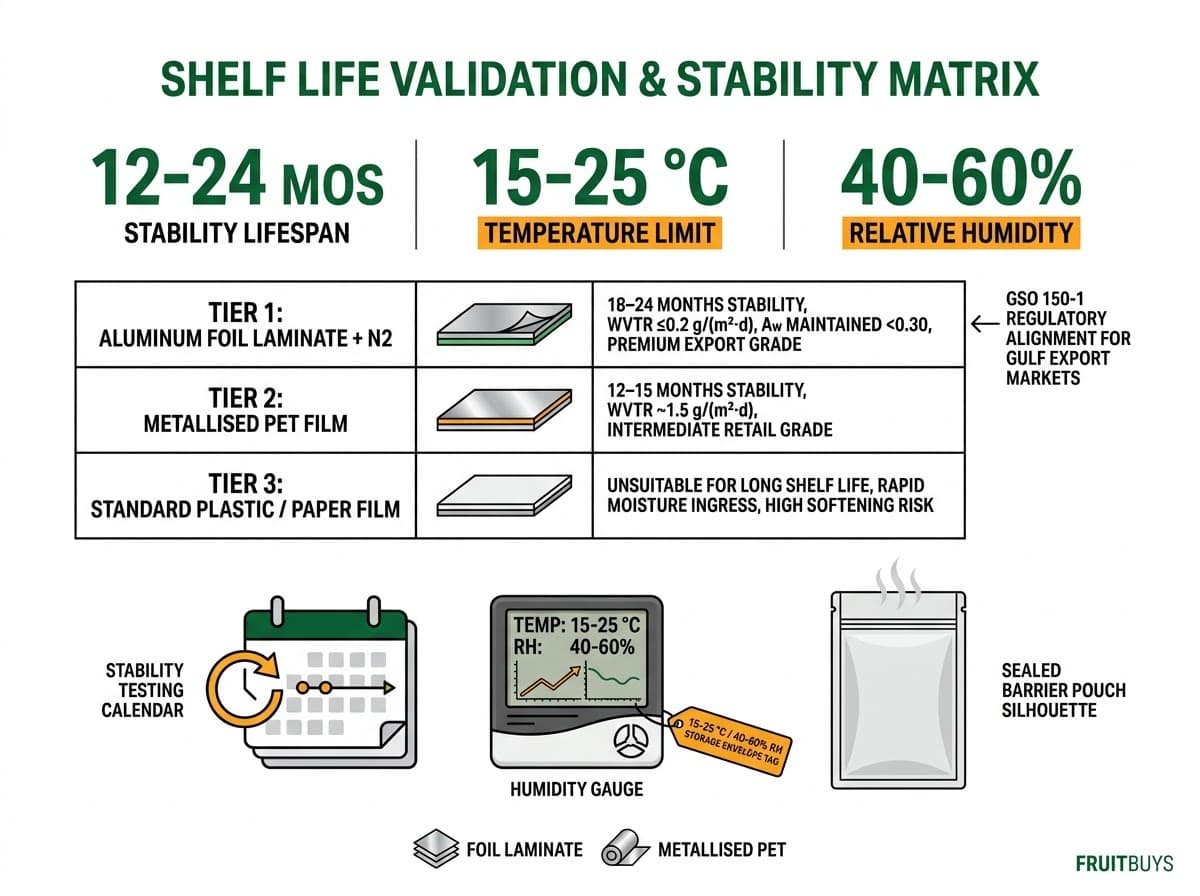 specification matrix showing freeze dried mango shelf life validation across packaging types and storage conditions.