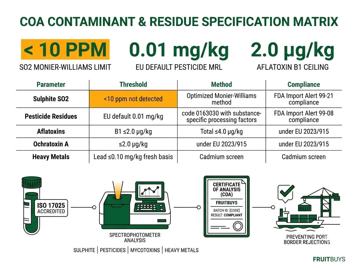specification table of laboratory coa testing thresholds for sulphites, pesticides, mycotoxins, and heavy metals