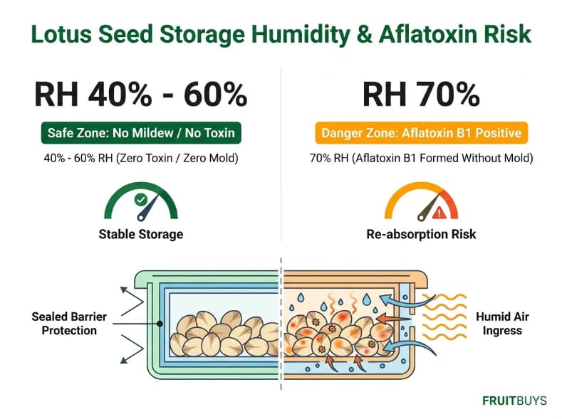 Water Activity Below 0.3: The Number That Protects Lotus Seed Shelf Life storage relative humidity risk diagram showing aflatoxin growth thresholds in lotus seeds.