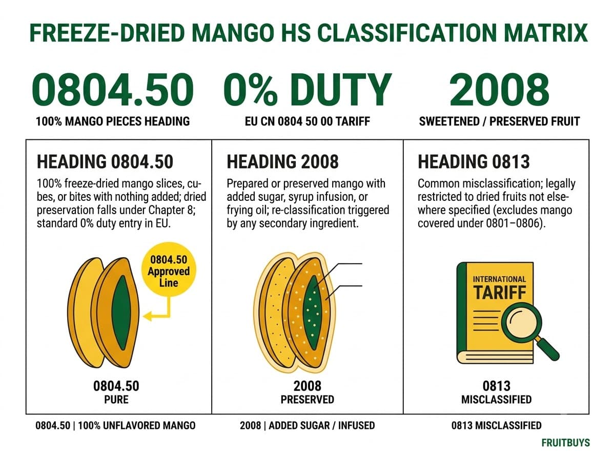 tariff classification matrix comparing hs codes 0804.50, 2008, and 0813 for dried mango exports