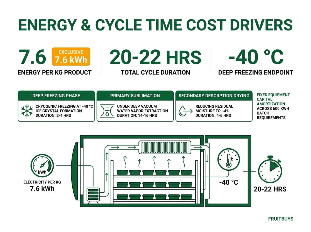 technical breakdown of freeze drying energy consumption, sublimation cycle duration, and processing cost factors