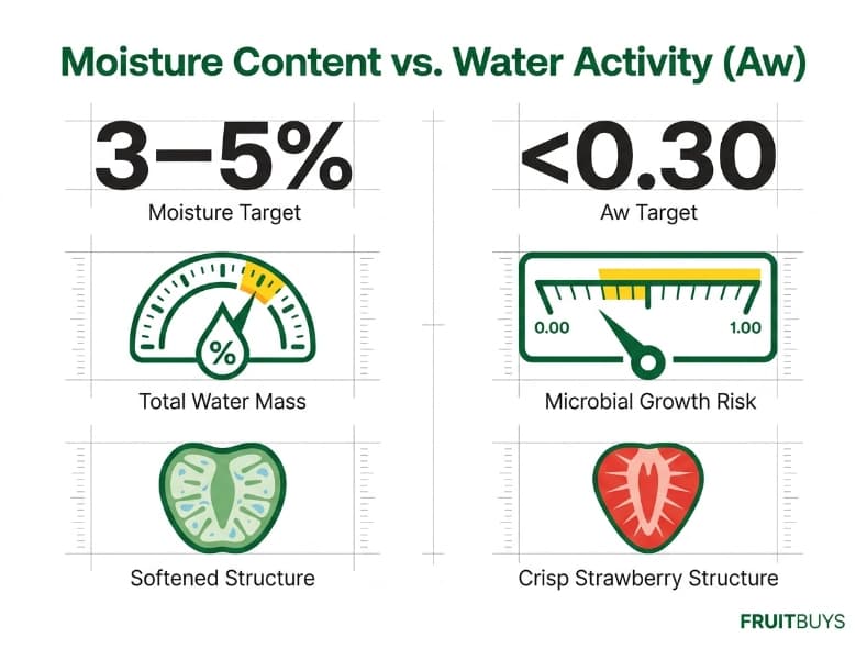 technical comparison infographic between moisture percentage and water activity aw for freeze dried strawberries