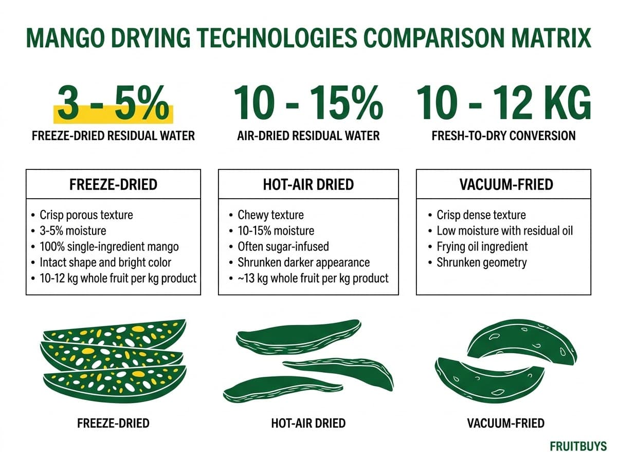 technical comparison matrix of freeze dried versus hot air dried and vacuum fried mango characteristics