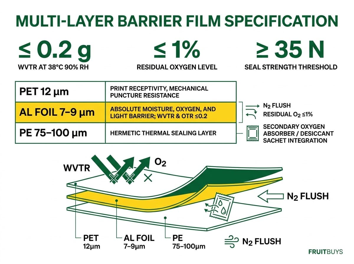 technical cross section diagram of multi layer aluminum barrier film specification for freeze dried fruit packaging