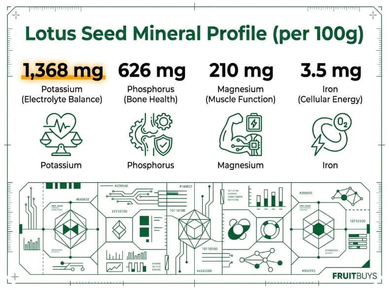 technical data grid illustrating the mineral and micronutrient density of dried lotus seeds.