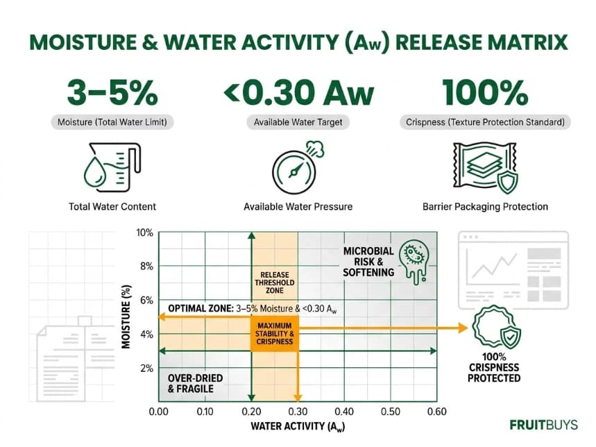 technical grid infographic detailing moisture percentage and water activity aw release thresholds for freeze dried soursop