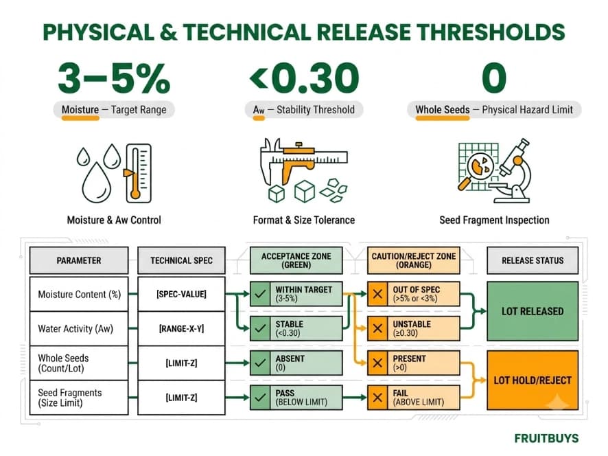 Freeze-Dried Soursop COA, Microbiology and Laboratory Testing technical grid infographic detailing physical and technical release thresholds for freeze dried soursop lots