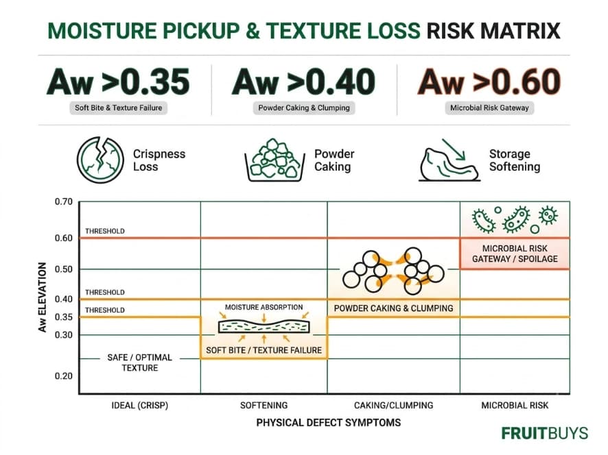 Freeze-Dried Soursop Moisture vs Water Activity technical grid infographic detailing texture loss, powder caking, and softening risks as water activity aw rises
