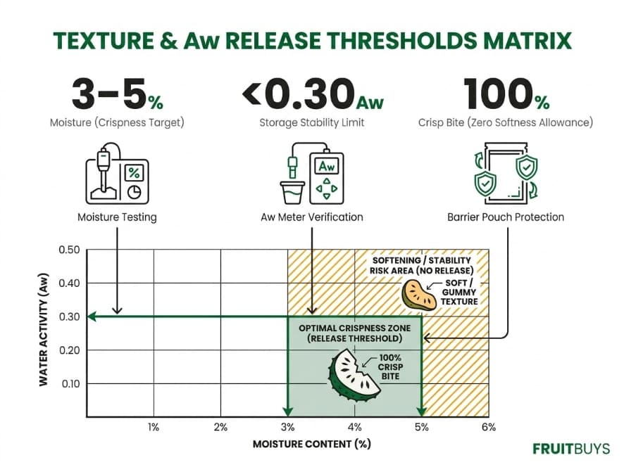 Common Freeze-Dried Soursop Defects and Release Controls technical grid infographic detailing texture, moisture, and water activity aw release thresholds for freeze dried soursop