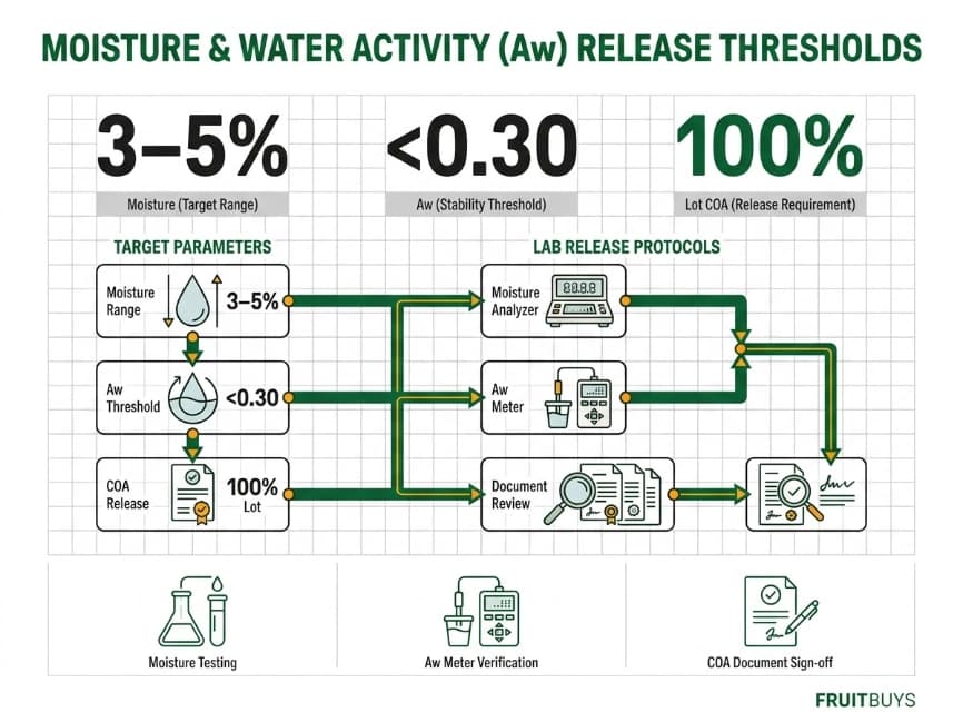 technical grid infographic displaying moisture and water activity aw release thresholds for soursop bulk lots