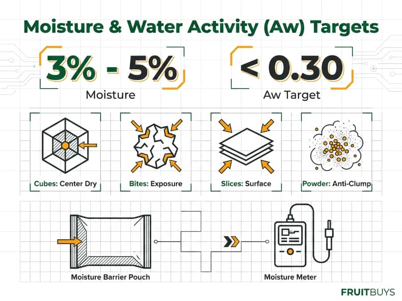 technical grid infographic illustrating moisture percentage and water activity aw targets for freeze dried durian