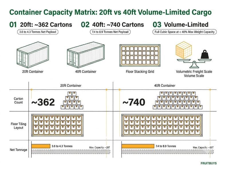 technical grid infographic mapping carton count and tonnage capacity for 20ft and 40ft containers