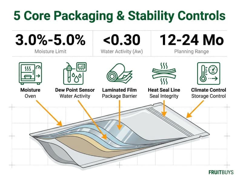 technical grid infographic mapping five core packaging and water activity controls for freeze dried dragon fruit