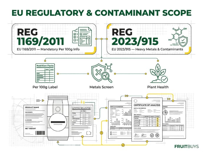 technical grid infographic outlining eu regulation and requirements for freeze dried banana