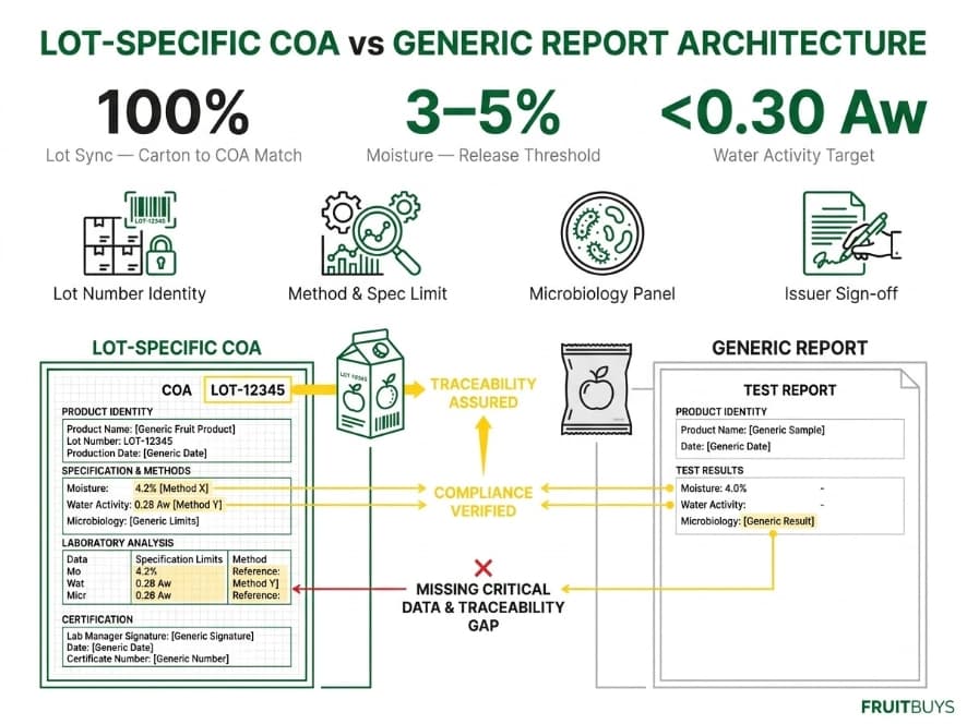 Freeze-Dried Soursop COA, Microbiology and Laboratory Testing technical infographic architecture contrasting lot specific coa requirements against generic laboratory test reports