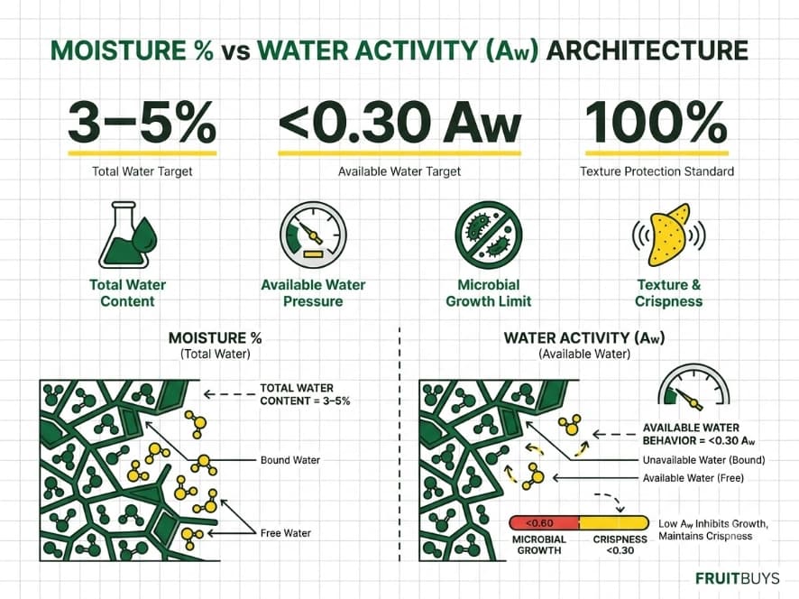 Freeze-Dried Soursop Moisture vs Water Activity technical infographic diagram explaining the difference between total moisture percentage and water activity aw in soursop