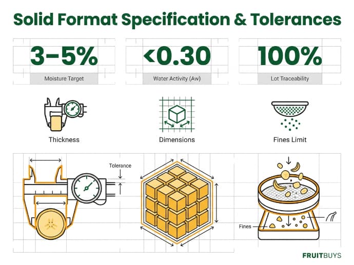 technical spec grid infographic defining physical tolerances and water limits for freeze dried banana