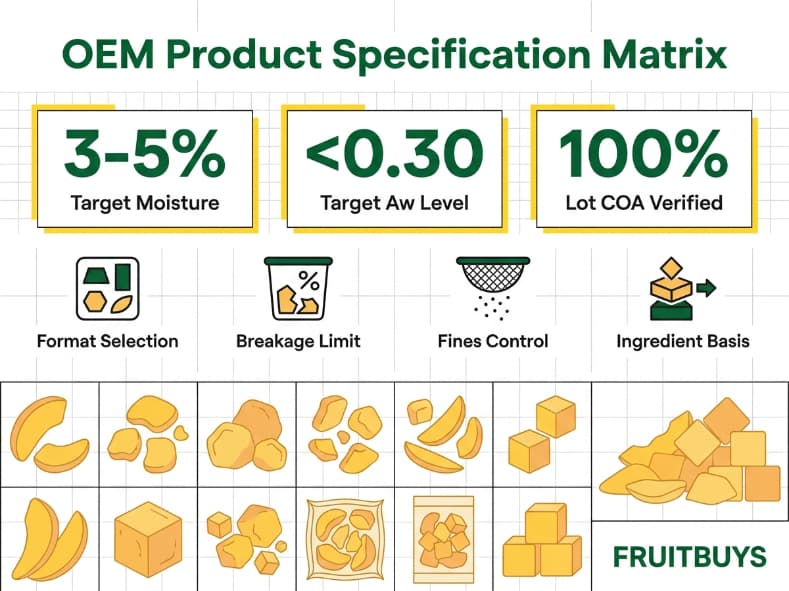 technical specification matrix for oem freeze dried mango showing moisture, water activity, and format parameters