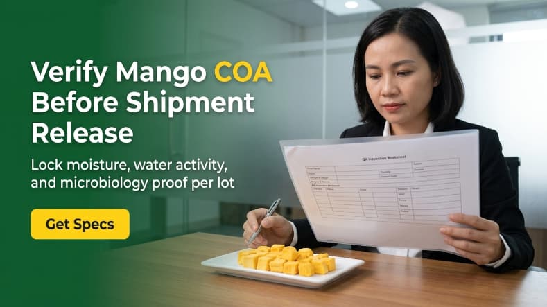 vietnamese qa director reviewing freeze dried mango lot coa document and sample in ho chi minh city office