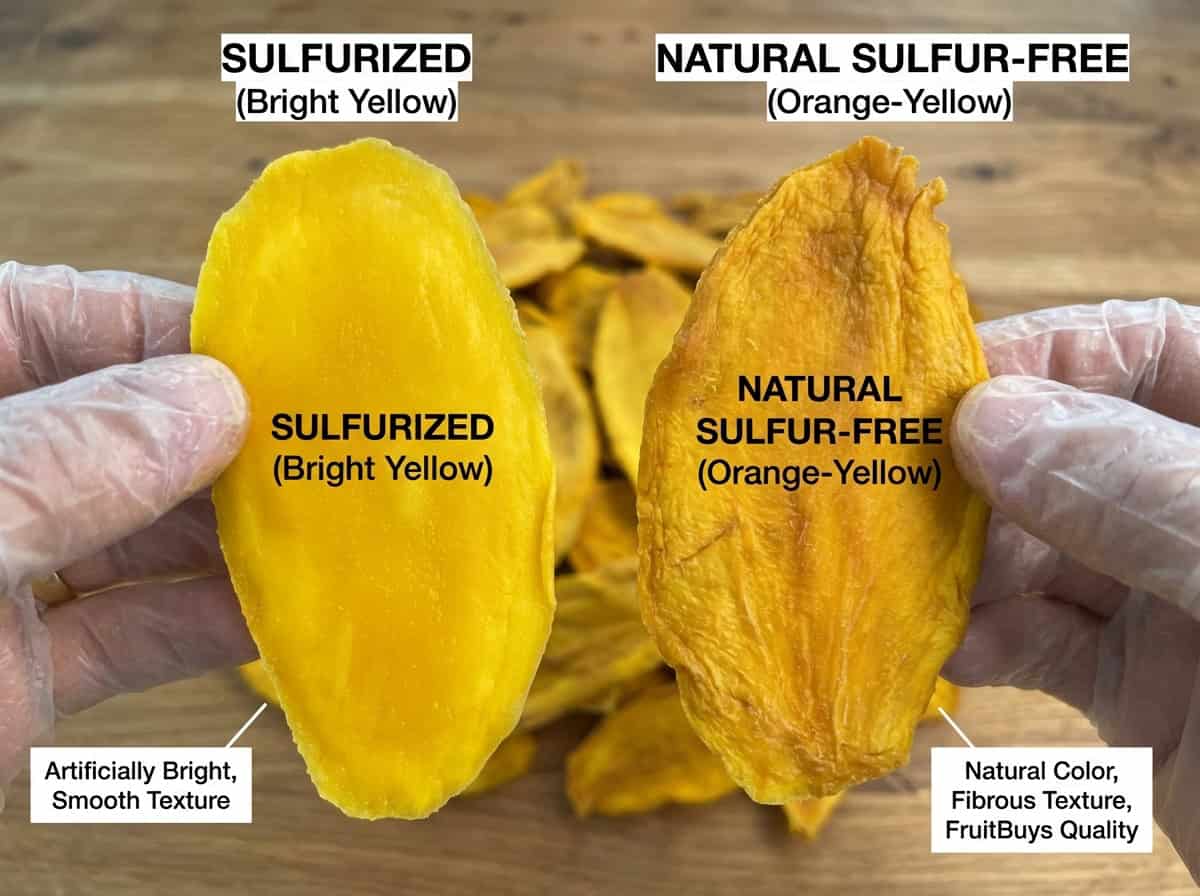 Visual Comparison Showing The Natural Amber Color Of Unsulfured Dried Mango Versus Bright Yellow Sulfited Mango