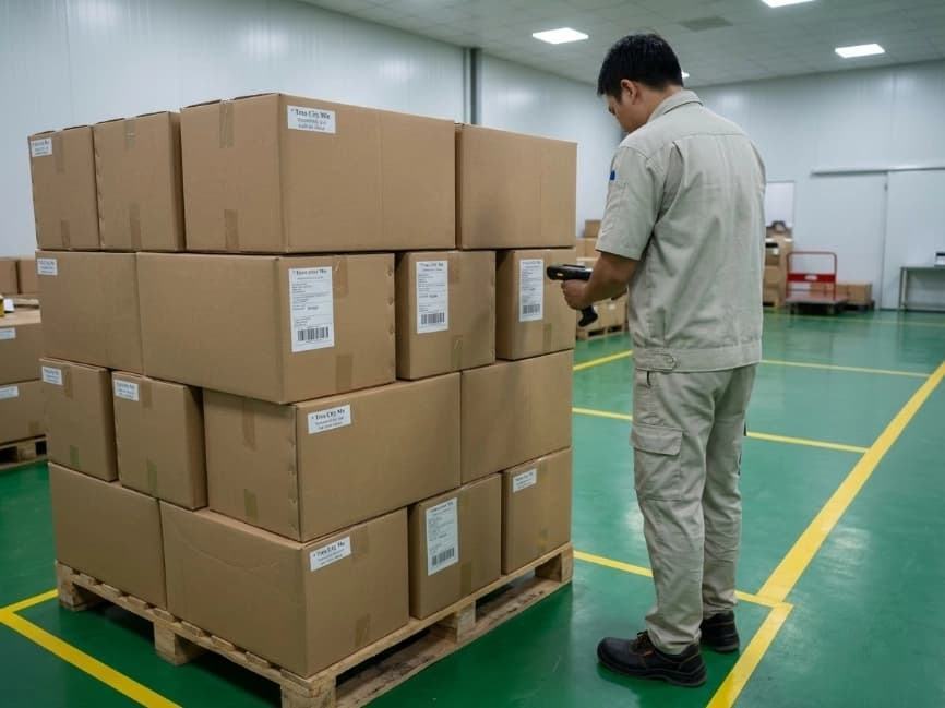 warehouse logistics coordinator checking traceability lot code labels on master cartons before container loading