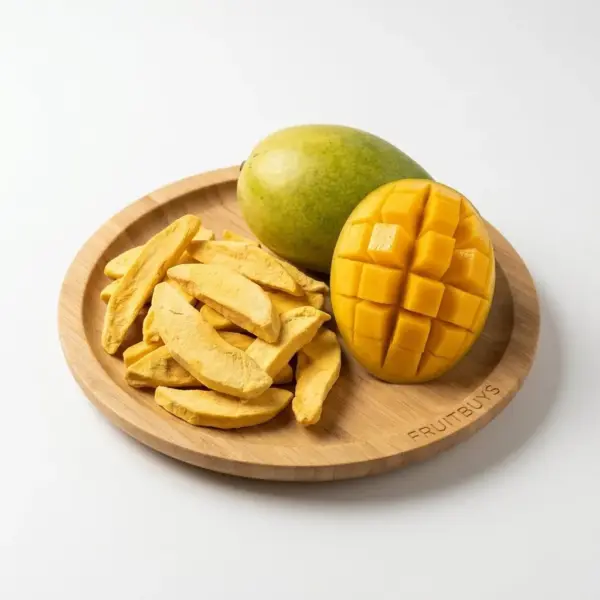 Freeze-dried mango slices on a wooden plate beside a whole fresh mango and a hedgehog-cut mango half.