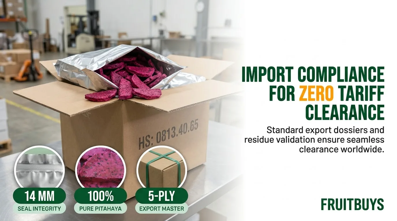 B2B hero banner showing an open export carton of freeze-dried red dragon fruit slices in a foil bag, printed with HS 0813.40.65, with three insets highlighting 14 mm seal integrity, 100% pure pitahaya and 5-ply export carton.