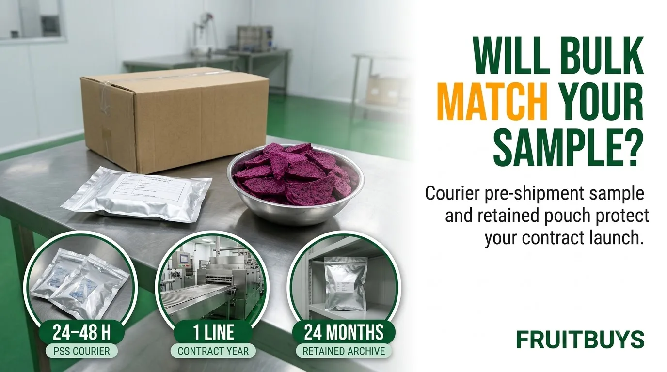 How do you make sure the bulk shipment matches the sample? B2B hero banner illustrating freeze-dried red dragon fruit sample-to-bulk consistency with a pre-shipment sample pouch on an export carton, three facility insets highlighting 24–48 h courier, single dedicated line and 24-month retained archive.