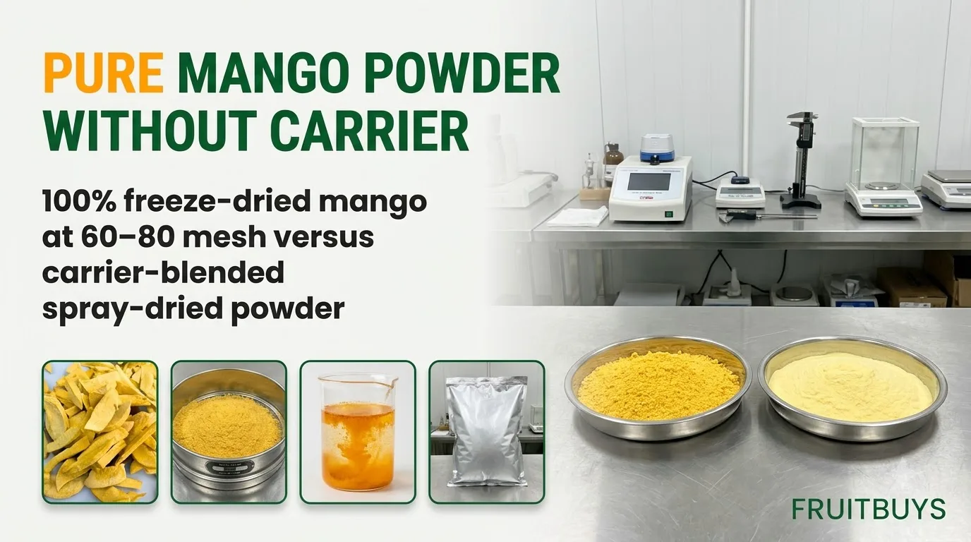 Freeze-Dried Mango Powder or Spray-Dried: Which One Is Your Formula Actually Buying? Two stainless dishes on a QC laboratory bench comparing vibrant golden-yellow freeze-dried mango powder against pale spray-dried mango powder with carrier.