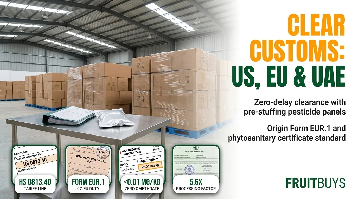 What does freeze-dried passion fruit need to clear US, EU, UK and UAE customs? B2B hero banner showing a dry export warehouse with stretch-wrapped pallets, compliance folder, and four inset vignettes detailing HS 0813.40, Form EUR.1, pesticide limits, and 5.6x processing factor.